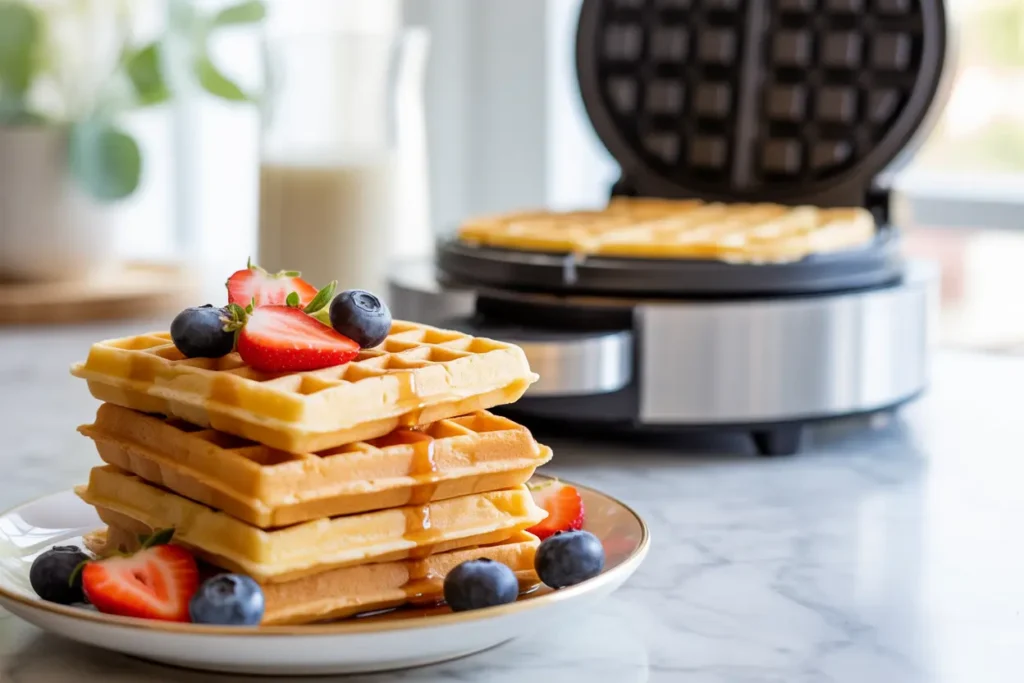 A stack of fluffy golden gluten-free waffles, made in a clean waffle maker, topped with fresh berries and syrup.