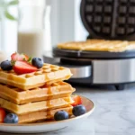 A stack of fluffy golden gluten-free waffles, made in a clean waffle maker, topped with fresh berries and syrup.
