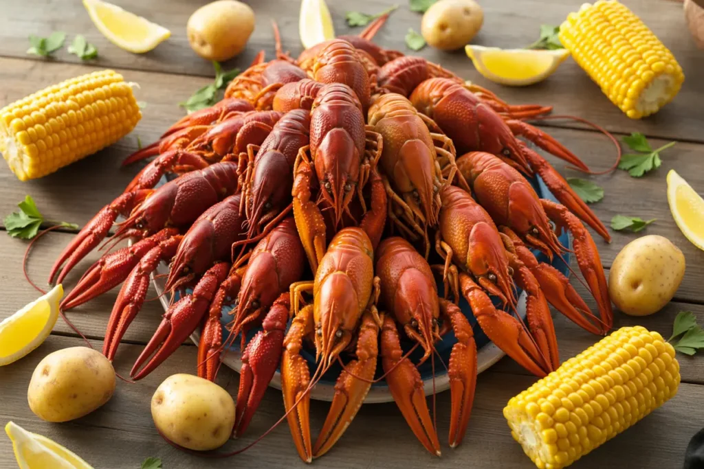 A top-down view of a classic crayfish boil, showcasing how to cook crayfish with corn, potatoes, and lemon on a wooden table.
