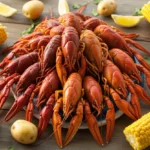 A top-down view of a classic crayfish boil, showcasing how to cook crayfish with corn, potatoes, and lemon on a wooden table.