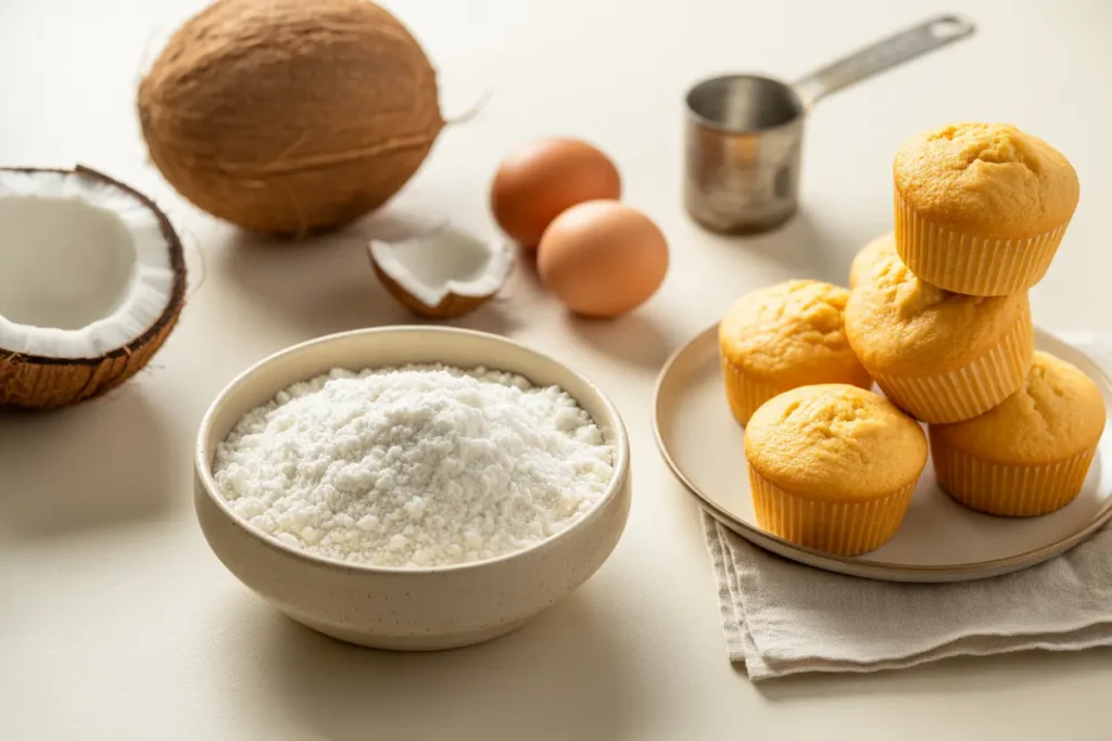 A flat lay image showing the key ingredients for substituting coconut flour in baking, including a bowl of coconut flour, eggs, and finished muffins.