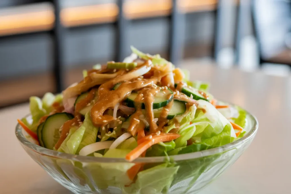 Fresh hibachi salad with tangy ginger salad dressing in glass bowl