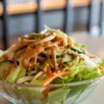 Fresh hibachi salad with tangy ginger salad dressing in glass bowl