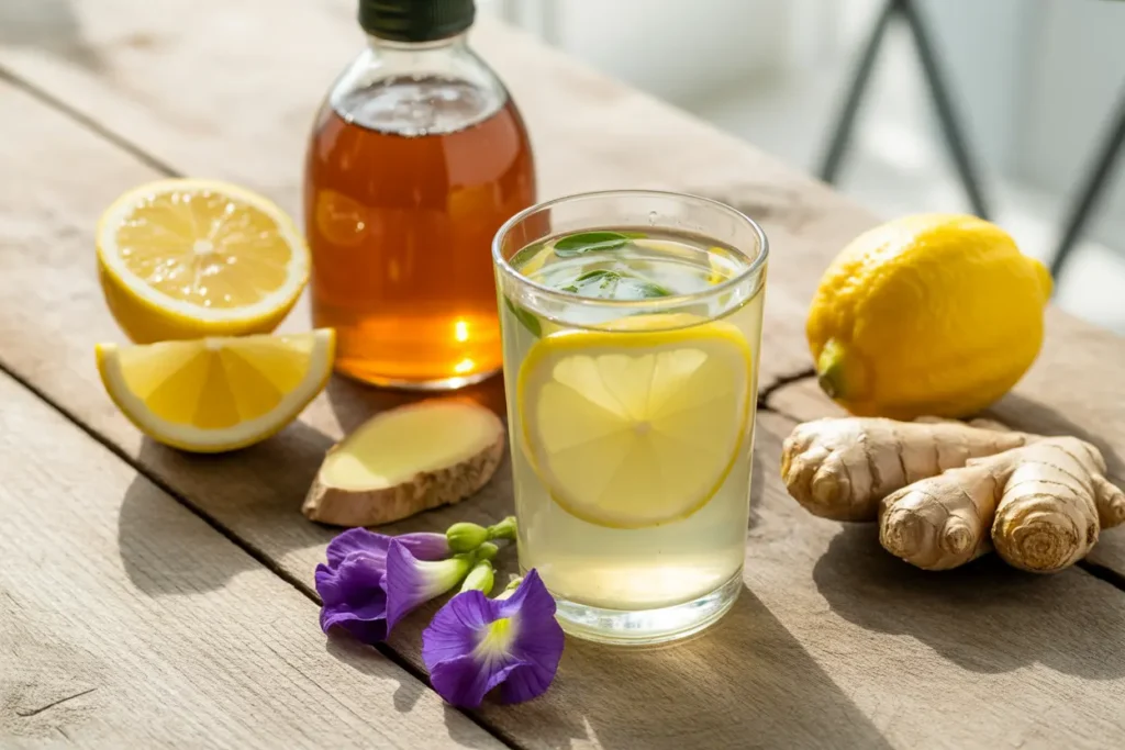 Glass of homemade Mounjaro natural weight loss drink with lemon, honey, ginger, and apple cider vinegar