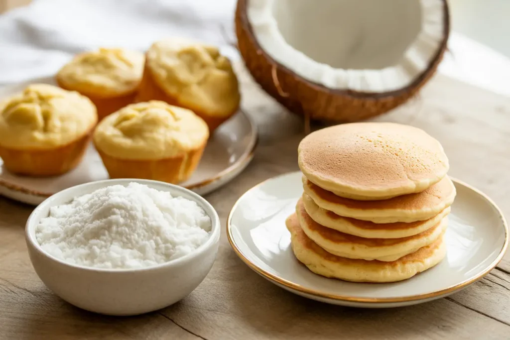 An assortment of baked goods like pancakes and muffins made with coconut flour, illustrating how to use this gluten-free ingredient.