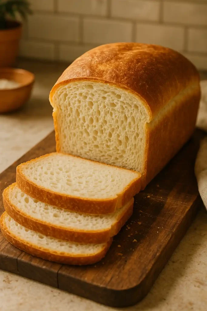 Golden crusted sourdough sandwich bread loaf with soft, fluffy slices on a wooden cutting board