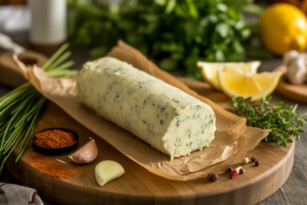 Homemade cowboy butter compound butter with fresh herbs, garlic, lemon, and spices on wooden cutting board
