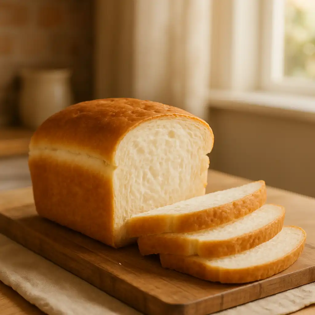 Sliced loaf of soft and fluffy homemade sandwich bread on a wooden cutting board