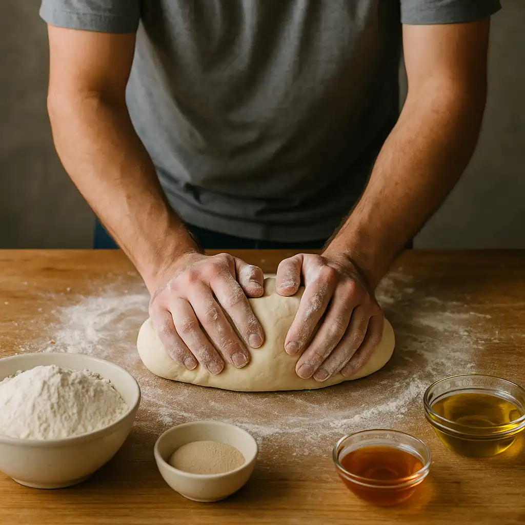 Hands kneading sandwich bread dough on a floured surface with baking ingredients around
