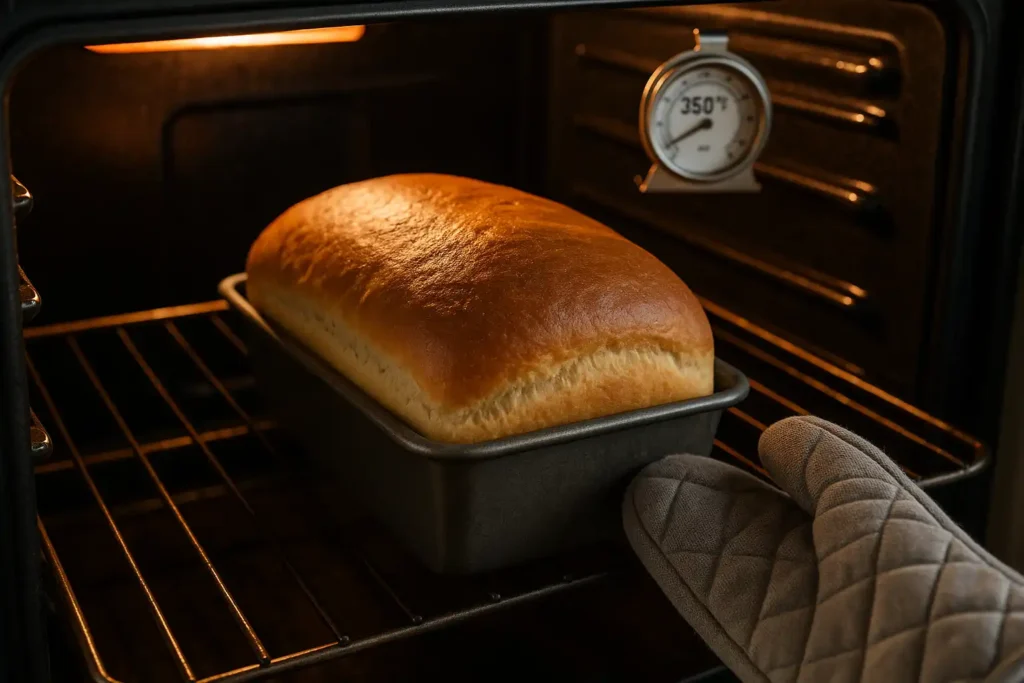 Golden loaf of sandwich bread baking in the oven at 350 degrees Fahrenheit