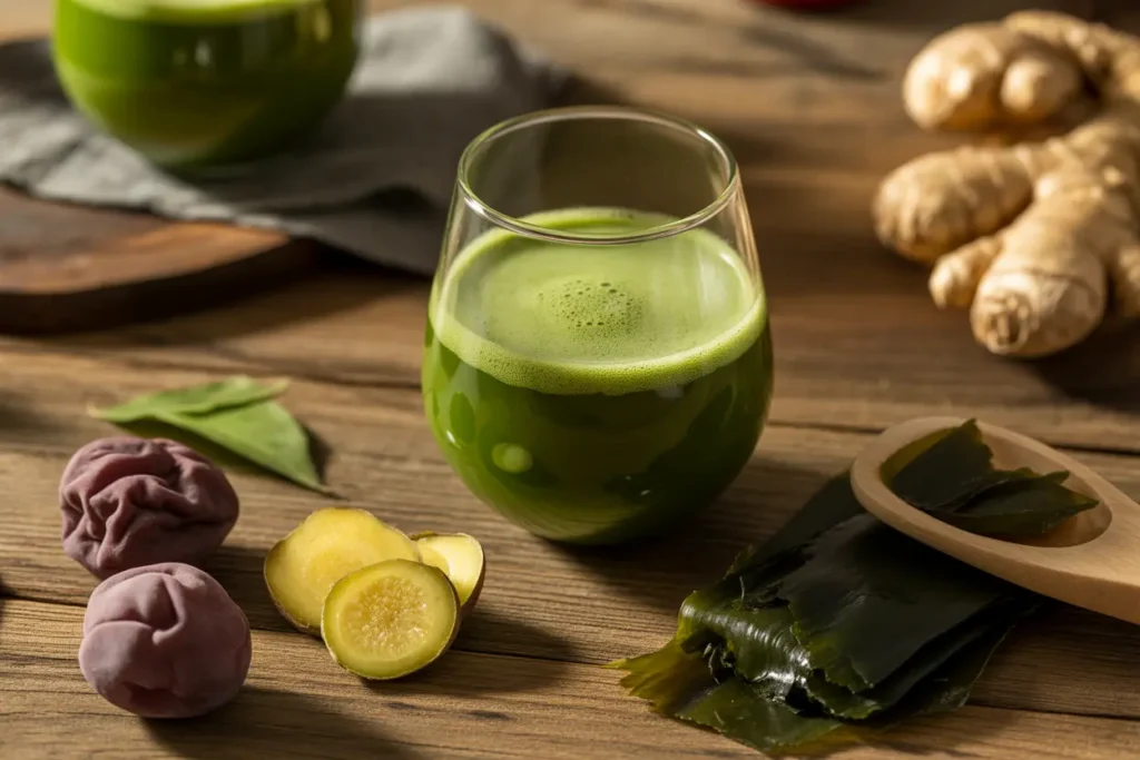 Traditional Japanese wellness beverage with matcha, umeboshi, ginger, and kombu