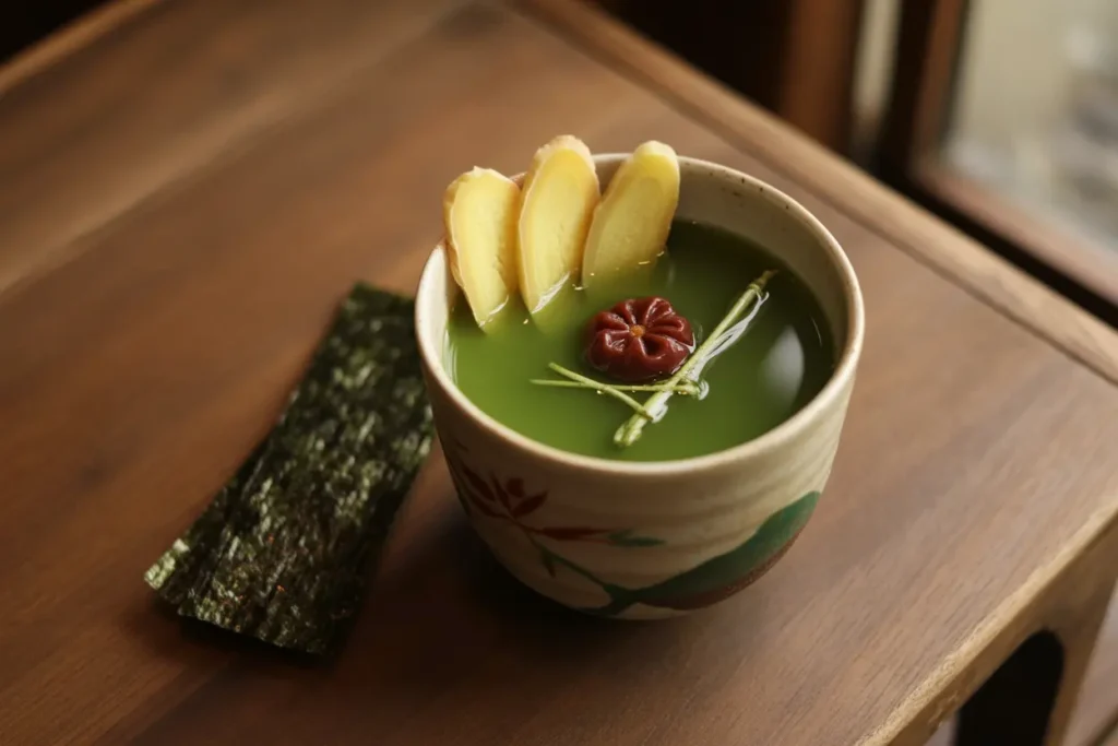 Cup of Japanese Mounjaro wellness drink made with matcha green tea, umeboshi plum, ginger, and kombu seaweed