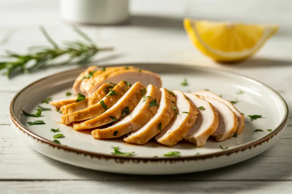 A plate of juicy, pan-seared thin sliced chicken breast recipes, garnished with herbs and ready for a quick and flavorful meal.