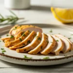 A plate of juicy, pan-seared thin sliced chicken breast recipes, garnished with herbs and ready for a quick and flavorful meal.