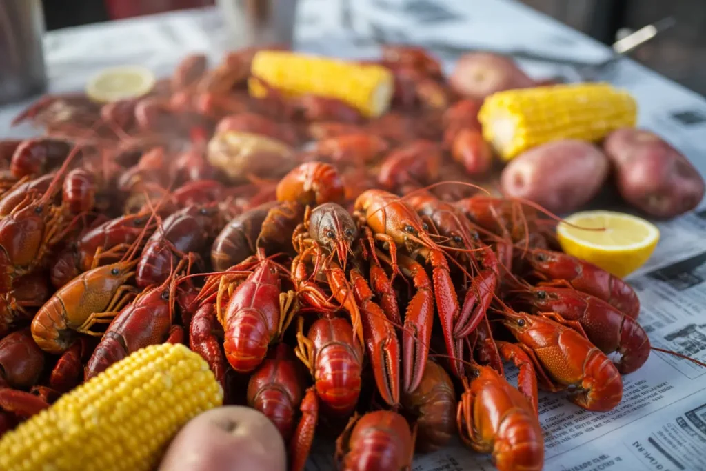 A vibrant Louisiana crawfish boil with bright red crawfish, corn, and potatoes, showcasing the unique taste of crawfish.