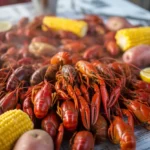A vibrant Louisiana crawfish boil with bright red crawfish, corn, and potatoes, showcasing the unique taste of crawfish.