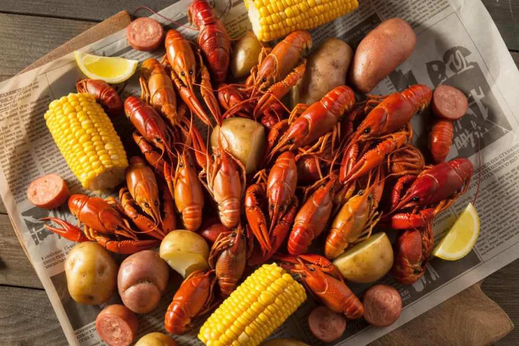 A vibrant Louisiana-inspired crawfish boil recipe with bright red crawfish, corn, and potatoes spread on a rustic table.