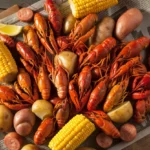 A vibrant Louisiana-inspired crawfish boil recipe with bright red crawfish, corn, and potatoes spread on a rustic table.
