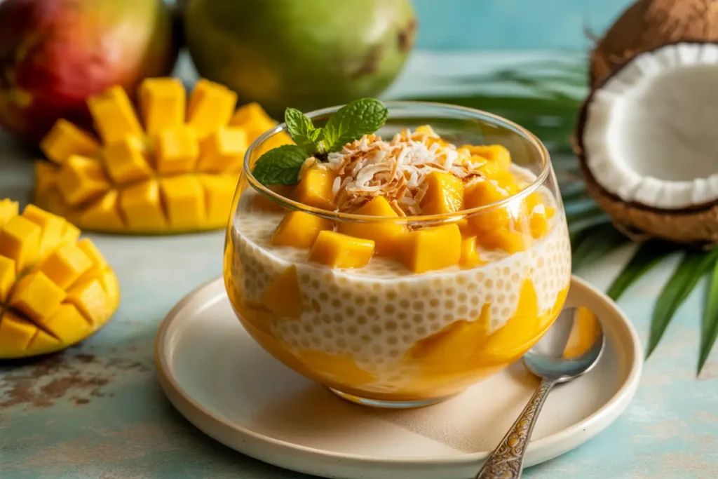 Mango sago dessert with fresh mango cubes, sago pearls, and coconut milk garnished with toasted coconut flakes and mint