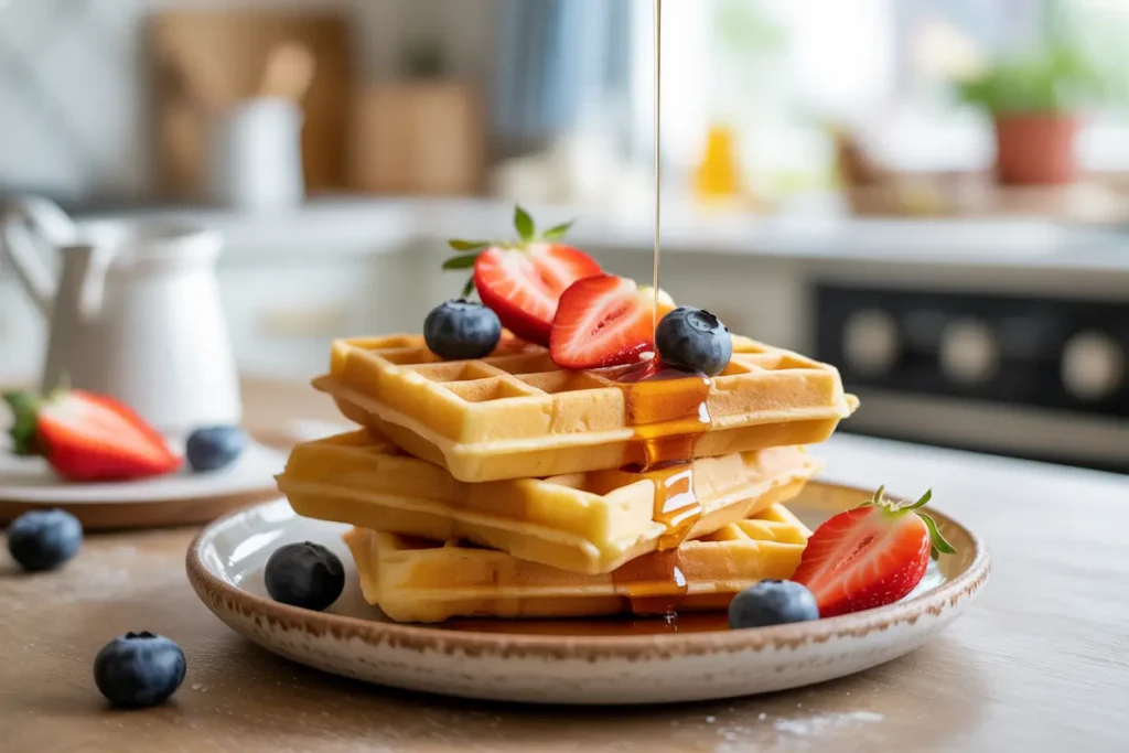 A stack of perfectly crispy gluten-free waffles, illustrating the delicious result of avoiding common gluten-free waffle mistakes.
