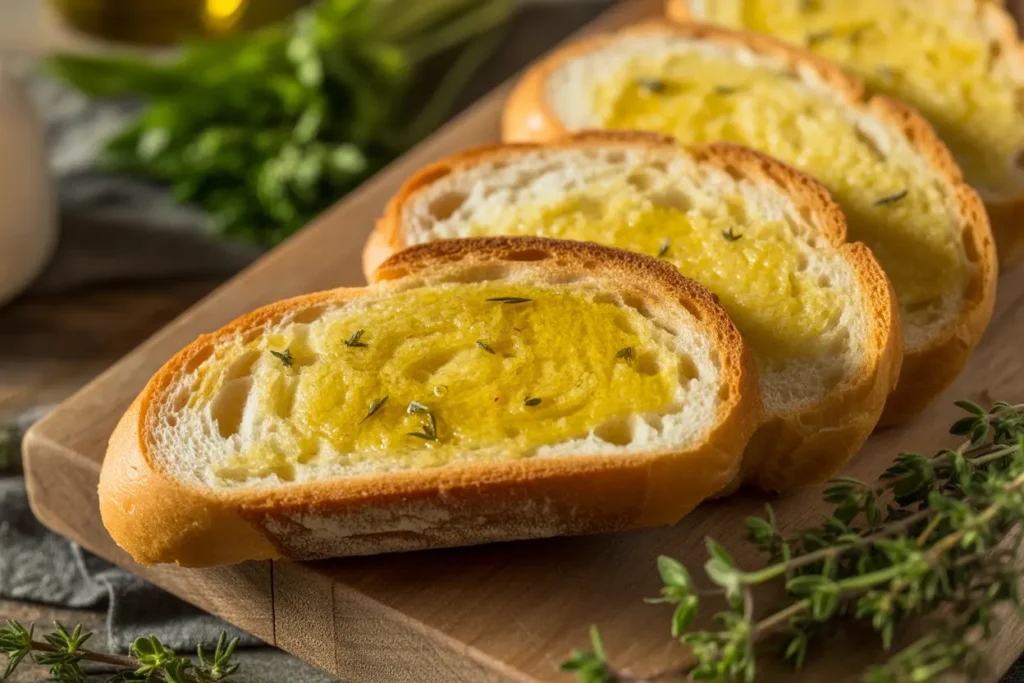 Toasted French bread slices with crispy crust and garlic butter on rustic wooden board