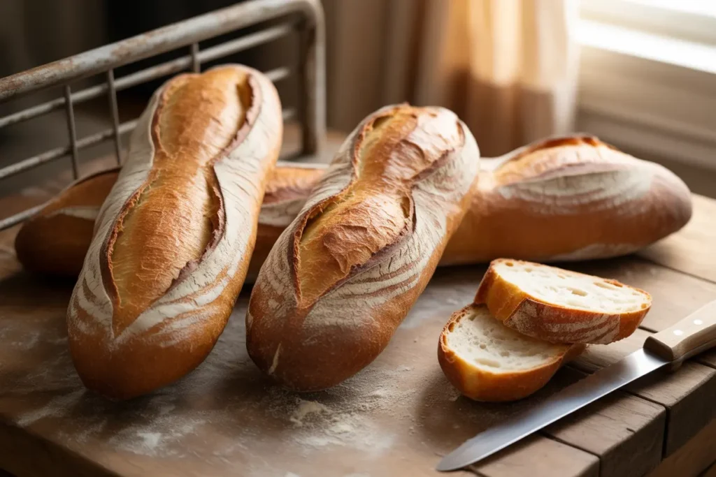 A close-up of three golden-brown sourdough baguettes, one sliced to show the airy crumb, illustrating a successful sourdough baguette recipe.