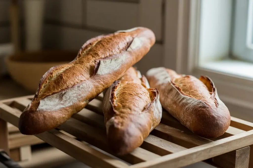 Three freshly baked sourdough baguettes from a recipe, showing a perfect golden crust and an open, airy crumb.