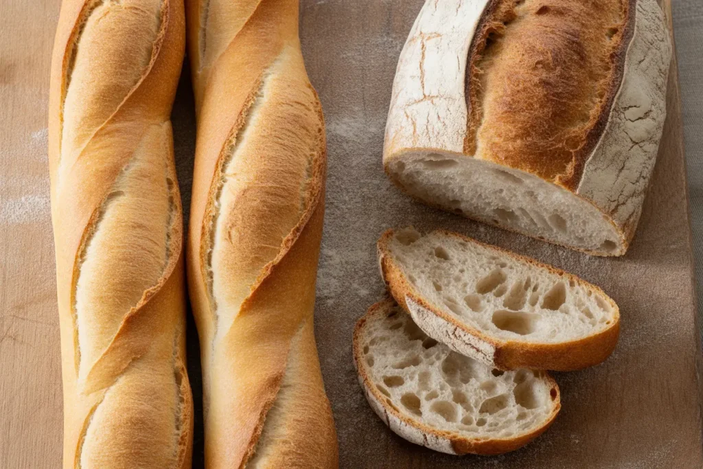 A side-by-side comparison of a regular baguette and a sourdough baguette on a wooden board, highlighting the differences in their crust and crumb texture.