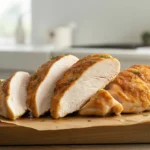 Golden-brown pan-fried thin sliced chicken breasts on a cutting board, showcasing the juicy results of faster cooking techniques.