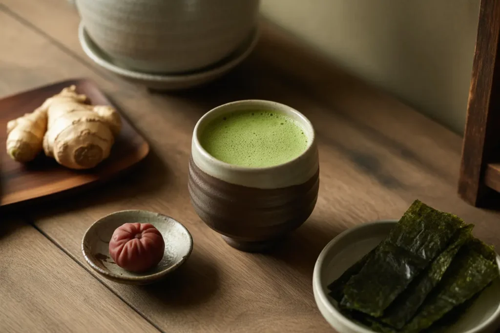 Japanese Mounjaro drink ingredients including matcha green tea, umeboshi plum, fresh ginger, and kombu seaweed on a wooden table