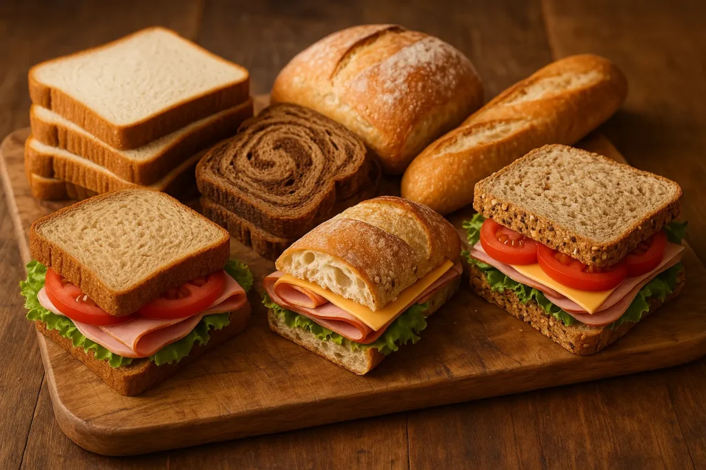 Assortment of popular sandwich breads such as white, whole wheat, rye, sourdough, and artisanal breads displayed with fresh sandwich fillings