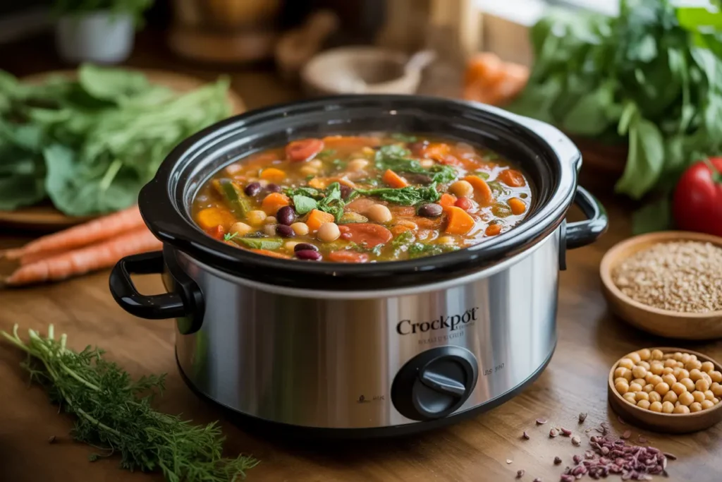 Colorful vegetarian stew with vegetables and legumes cooking in a crockpot slow cooker on kitchen countertop