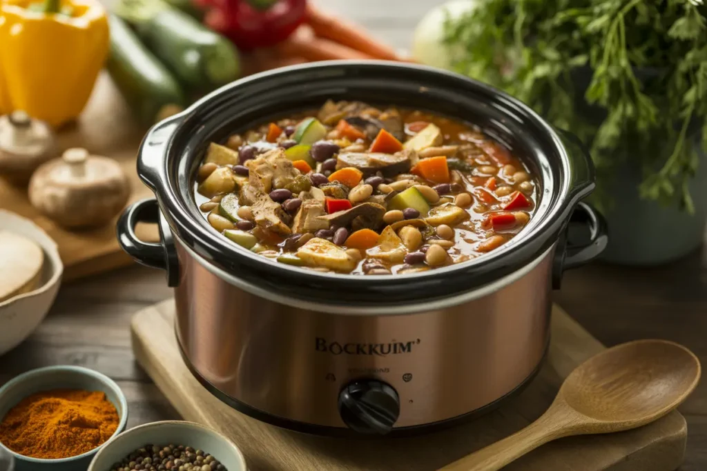 Hearty vegetarian crockpot meal with beans, lentils, jackfruit, tofu, mushrooms, and vegetables in a slow cooker