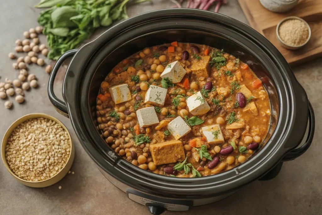 High protein vegetarian crockpot meal with lentils, beans, tofu, tempeh, and quinoa