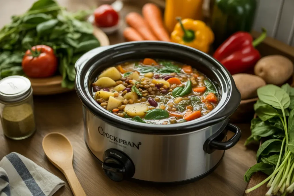 Slow cooker filled with colorful vegetarian ingredients including lentils, beans, and vegetables simmering with fresh vegetables and herbs nearby