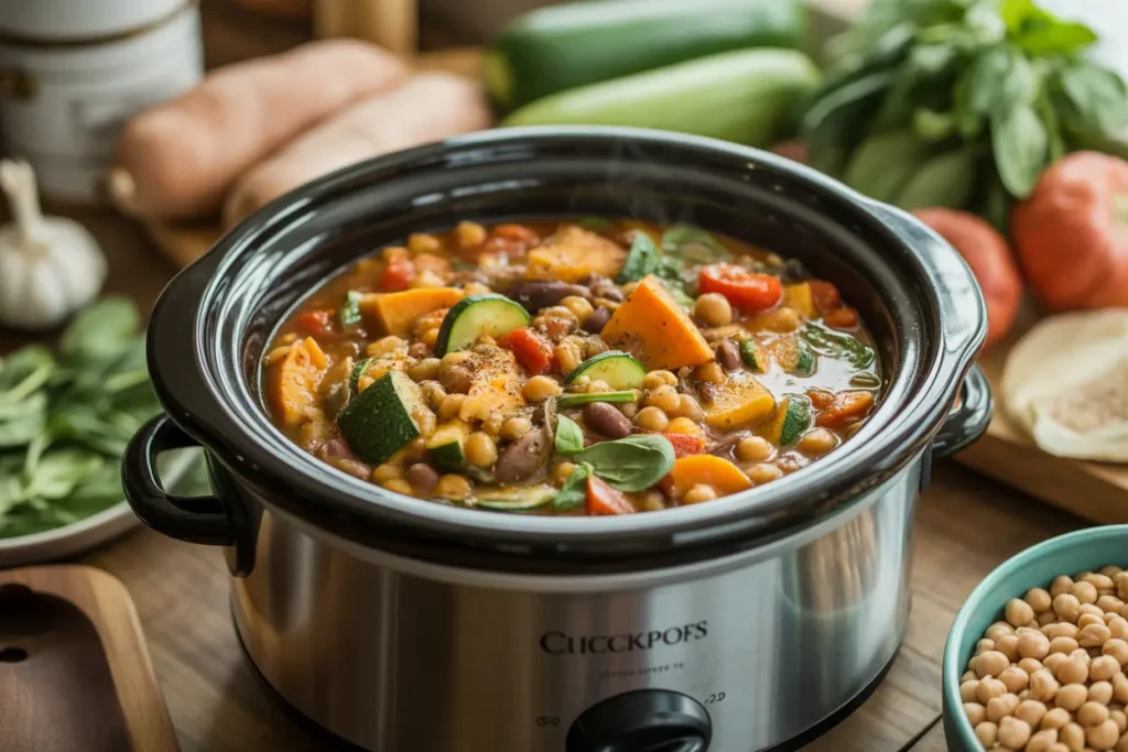 Slow cooker filled with a colorful vegetarian stew of vegetables and legumes for healthy busy weeknight meals