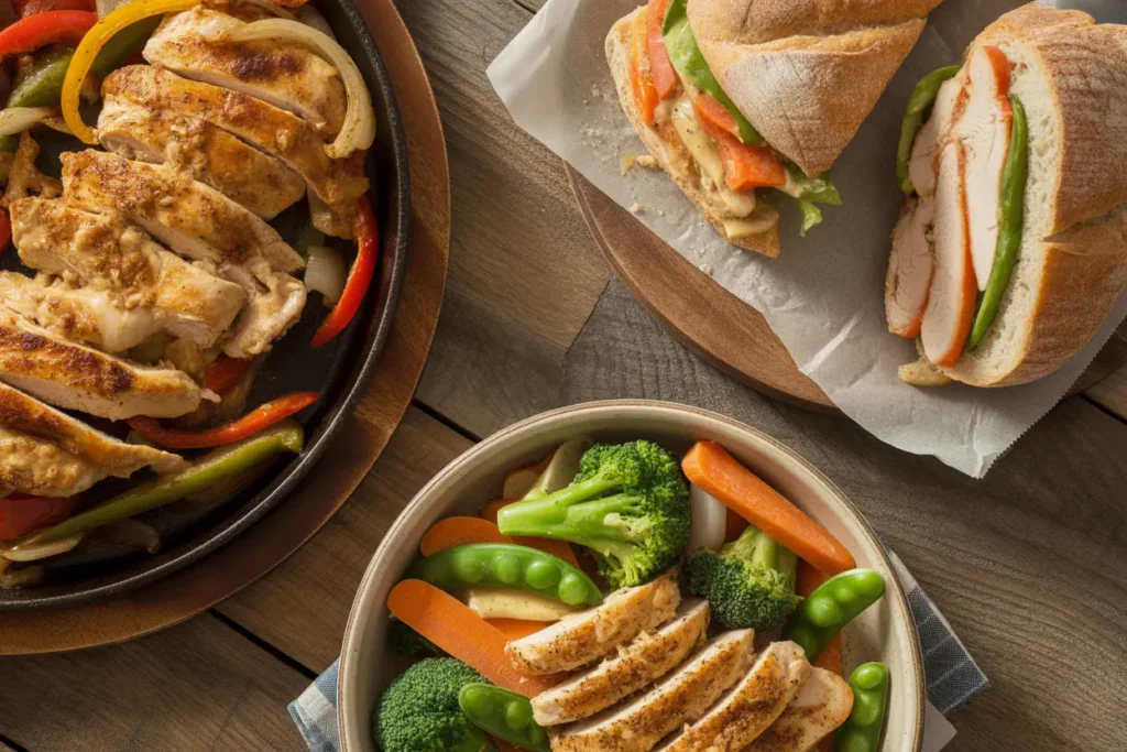 A vibrant flat lay of various quick and healthy chicken dishes made with thin sliced chicken breasts, including a colorful stir-fry, a hearty sandwich, and sizzling fajitas.