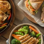 A vibrant flat lay of various quick and healthy chicken dishes made with thin sliced chicken breasts, including a colorful stir-fry, a hearty sandwich, and sizzling fajitas.