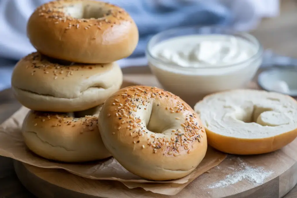A stack of freshly baked 2 ingredient Greek yogurt bagels on a wooden board, with one sliced to show the soft interior.