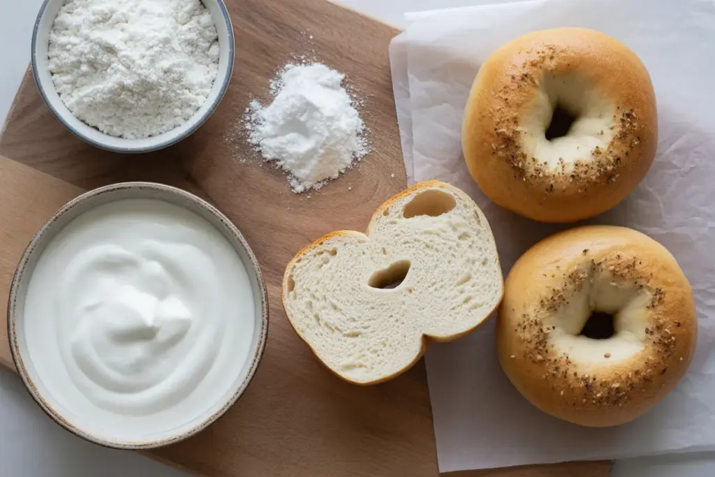 An overhead view of the three ingredients for bagels—flour, Greek yogurt, and baking powder—next to freshly baked 3-ingredient bagels on a wooden board.
