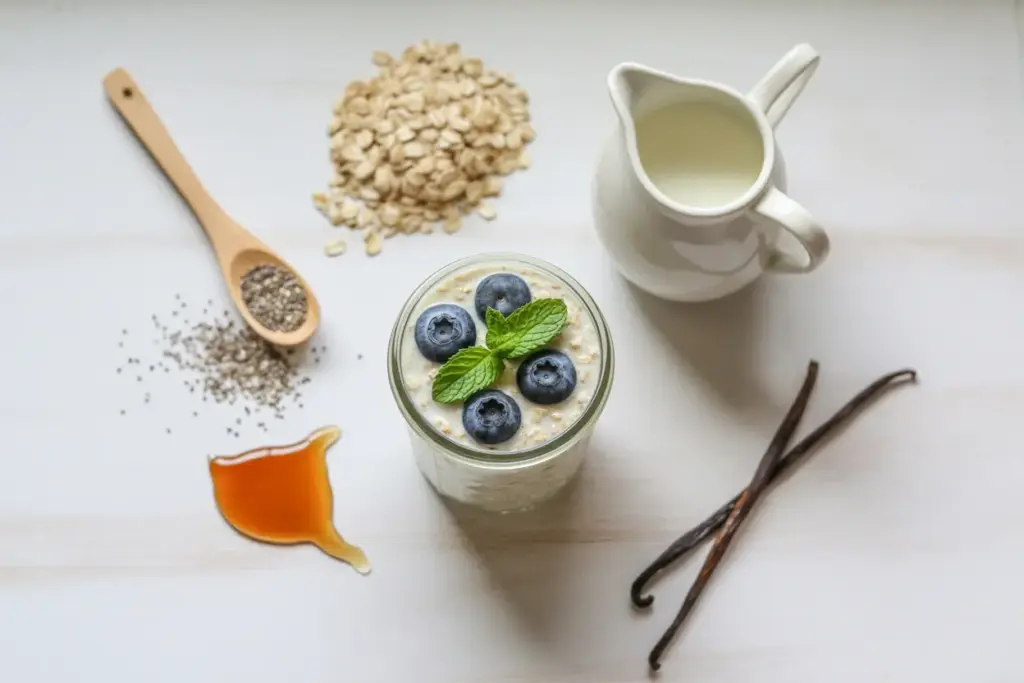 A flat lay of the 5 ingredients for overnight oats—rolled oats, milk, chia seeds, and maple syrup—arranged around a finished jar of the easy breakfast.