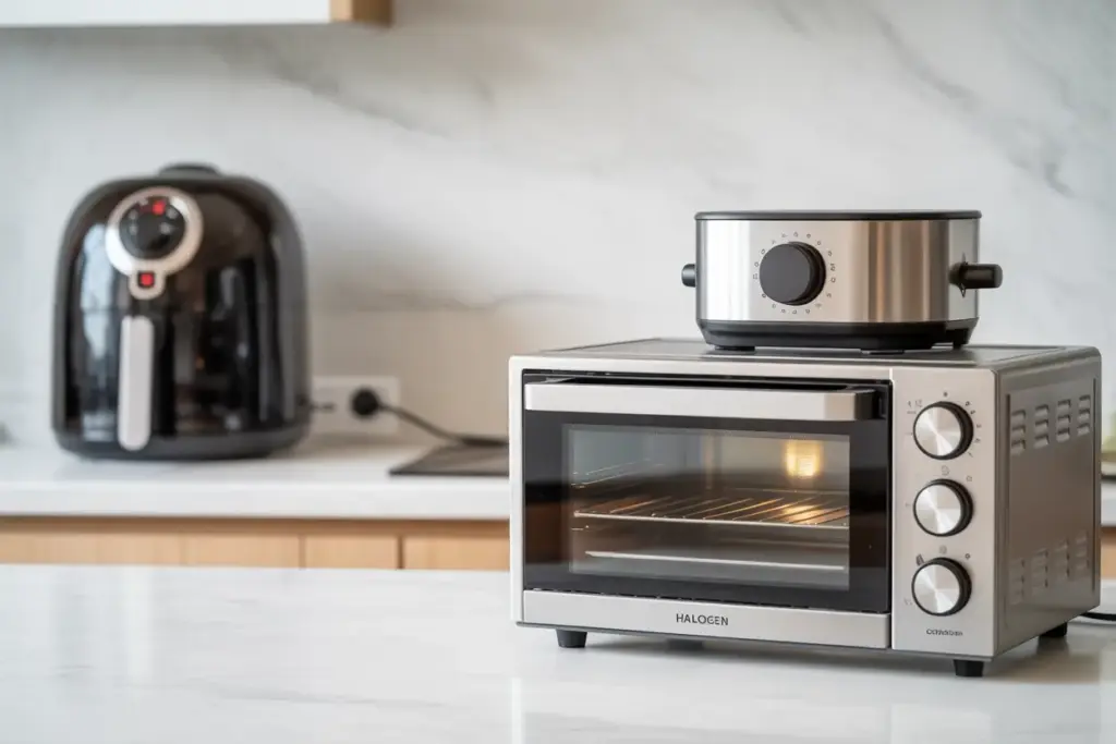A modern kitchen counter displays a halogen oven and convection oven as superior alternatives, with an old air fryer in the background, illustrating the trend of getting rid of air fryers.