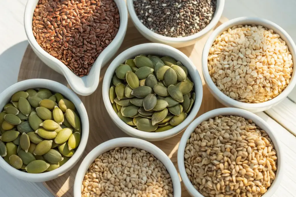 Top-down view of various bariatric seeds for weight loss, including flax, chia, and pumpkin seeds, in small bowls on a wooden surface.