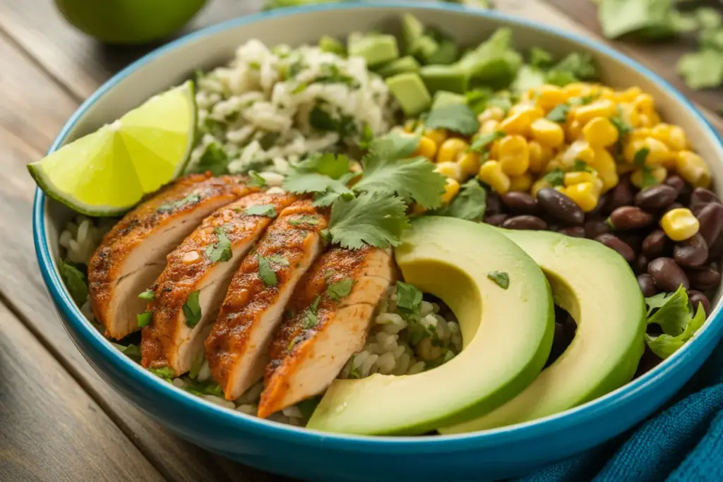 A delicious and authentic chipotle chicken recipe served in a bowl with rice, black beans, corn salsa, and fresh avocado slices.