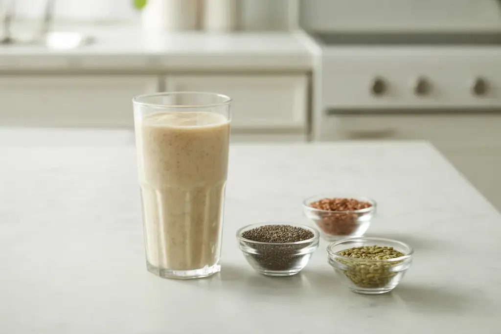 A nutrient-dense bariatric seed recipe drink in a glass, surrounded by bowls of chia, flax, and hemp seeds for natural weight management.