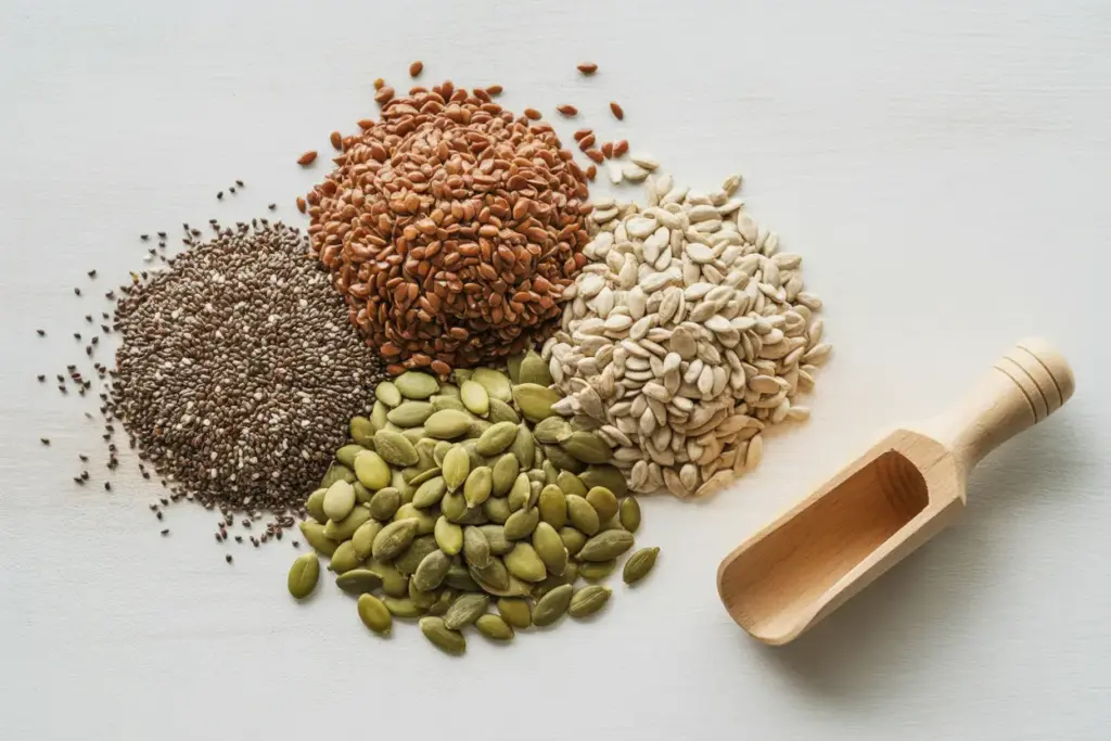 An overhead view of bariatric seeds for weight loss, including chia, flax, pumpkin, and sunflower seeds, arranged on a wooden surface.