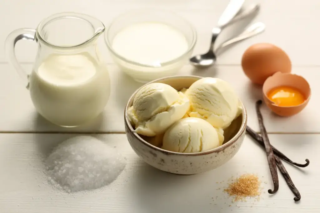 A flat lay of the five basic ingredients of ice cream—milk, cream, sugar, egg yolks, and vanilla—surrounding a bowl of the finished product.