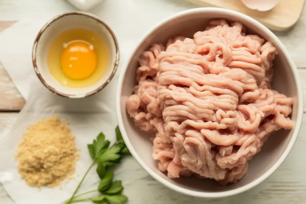 Key ingredients for the best binder for ground chicken, showing a bowl of raw ground chicken, an egg, and breadcrumbs on a clean surface.