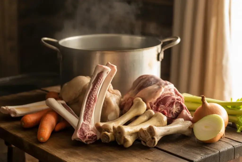 A variety of the best bones for bone broth, including marrow, knuckle, and oxtail, arranged on a rustic table.
