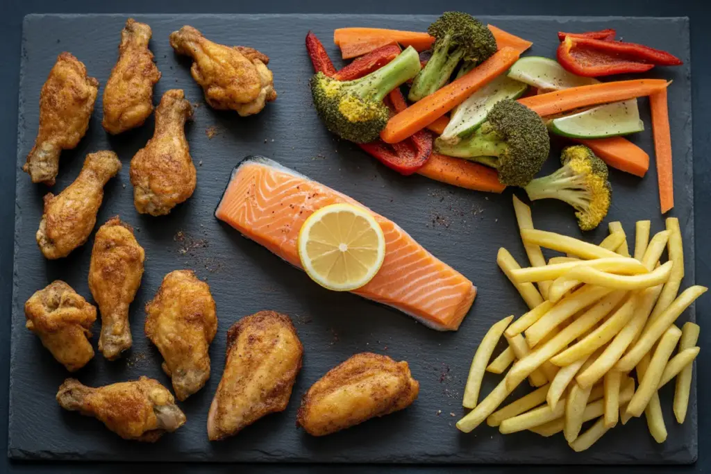 A vibrant flat lay of the best foods to cook in an air fryer, featuring crispy chicken wings, salmon, golden french fries, and colorful roasted vegetables.